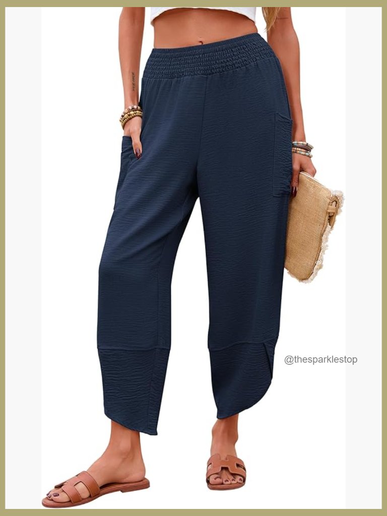Wide Leg Capri Pants Smocked Waist Cropped Harem Pockets Vacation